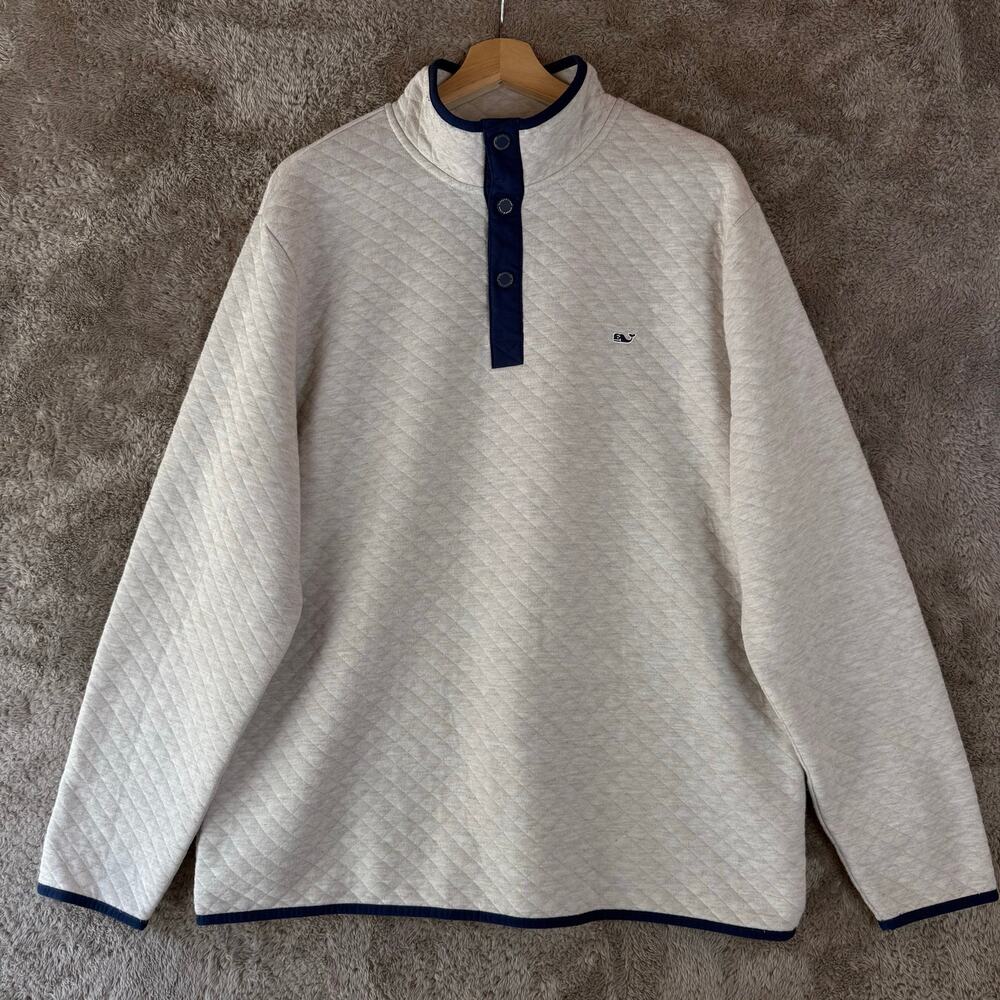 Vineyard Vines Diamond Quilted Pullover 1/4 Snap Oatmeal Navy Blue XL